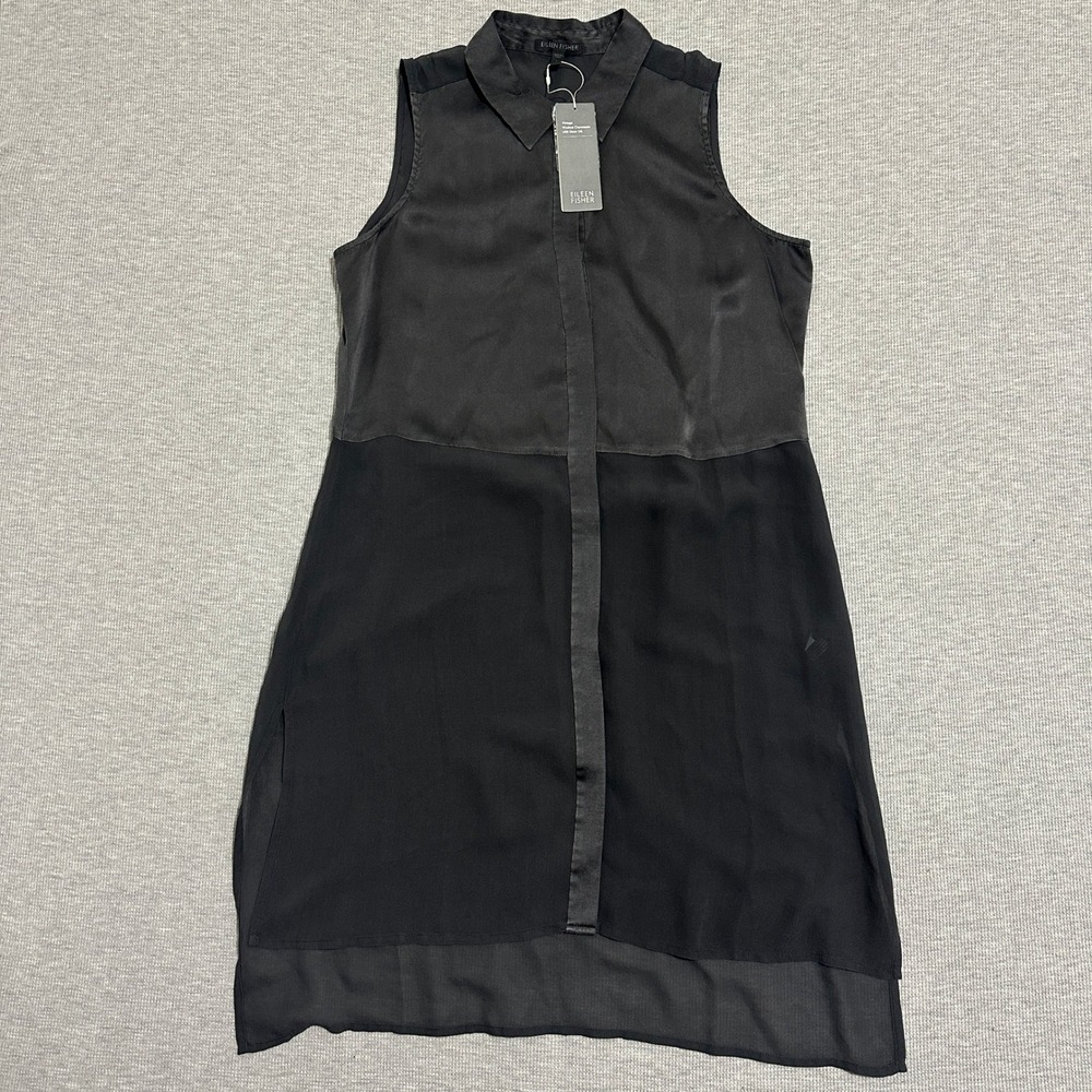 Eileen Fisher Silk Charmeuse Long Shirt Dress Graphite NWT Small S4VTE-T2663M‎